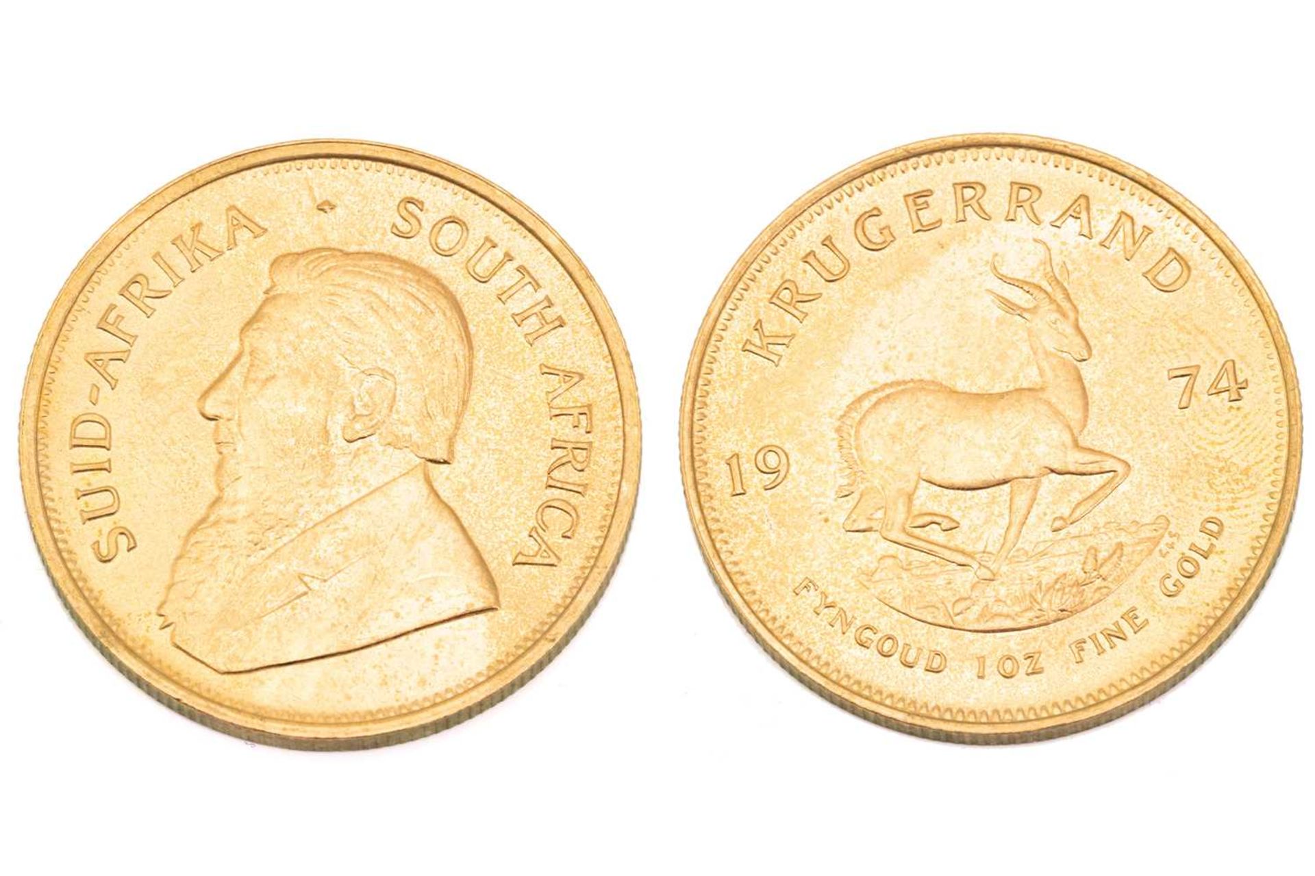 A 1oz 22ct gold South Africa Krugerrand, 1974No obvious faults visible. Almost UNC.