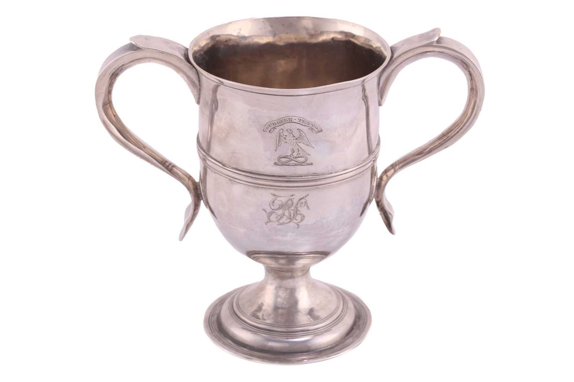 A George III two handled cup; inverted bell shape with hollow side handles and central reeded - Image 2 of 5