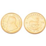 A 1oz 22ct gold South Africa Krugerrand, 1974Both sides with some very light surface marks, tiny