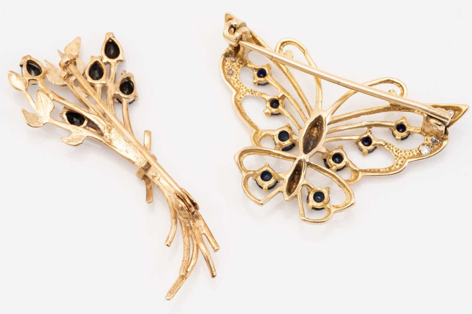 Two 9ct gold brooches comprising a sapphire and diamond set butterfly brooch, 3.5cm wide and another - Image 3 of 3