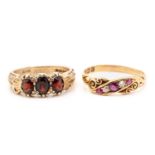 An Edwardian ruby and diamond ring, together with a three-stone garnet ring; the first consists of
