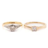 Two single-stone diamond rings, the first features a round brilliant cut diamond measuring 5.2mm,
