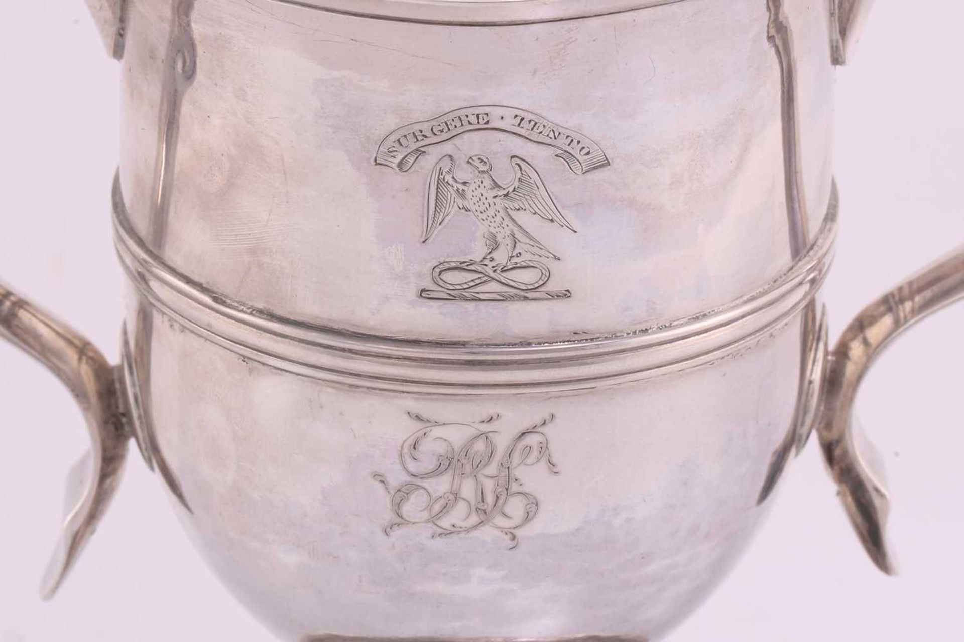 A George III two handled cup; inverted bell shape with hollow side handles and central reeded - Image 4 of 5