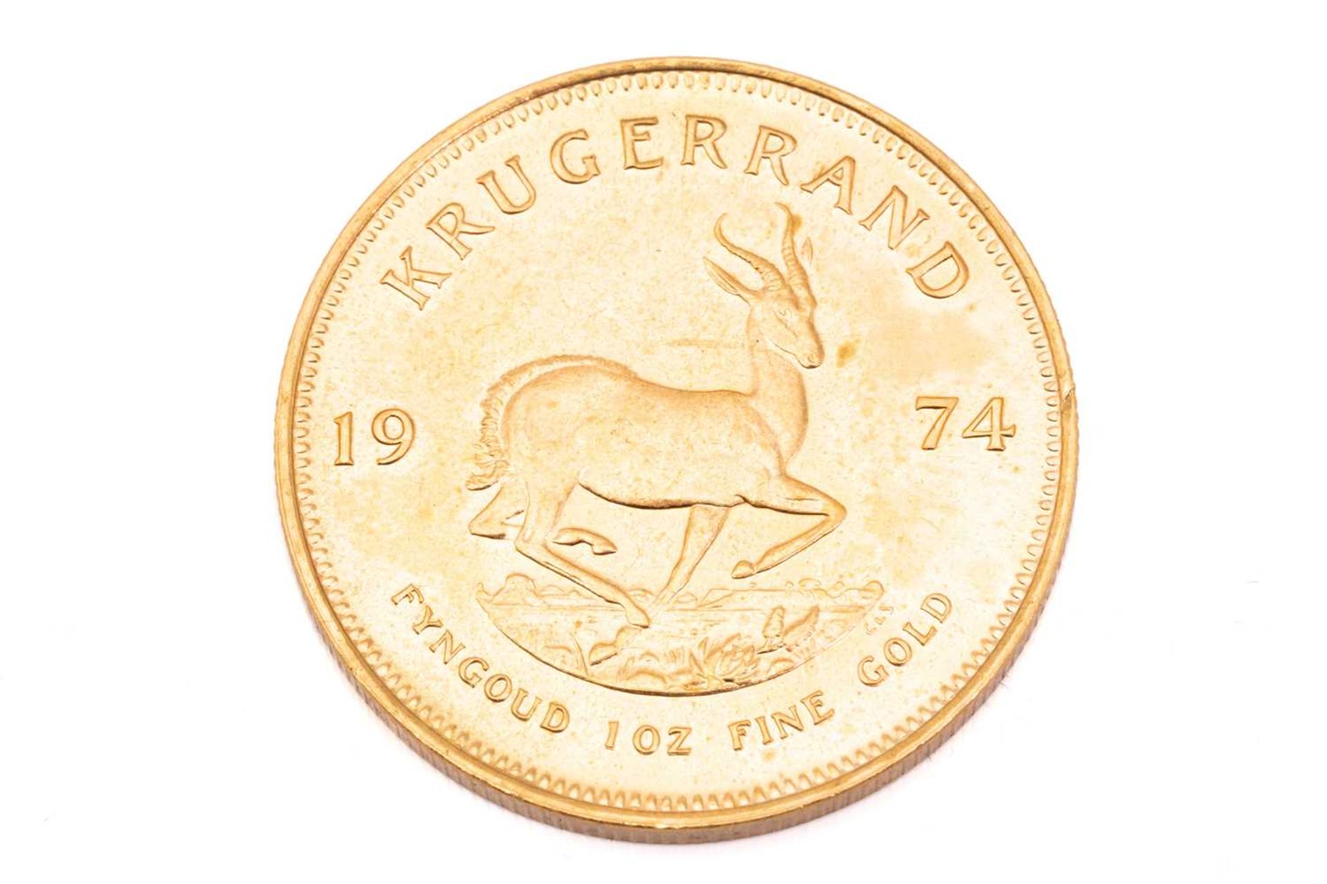 A 1oz 22ct gold South Africa Krugerrand, 1974Very, very light surface marks to obv. VF++. - Image 3 of 3