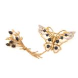 Two 9ct gold brooches comprising a sapphire and diamond set butterfly brooch, 3.5cm wide and another