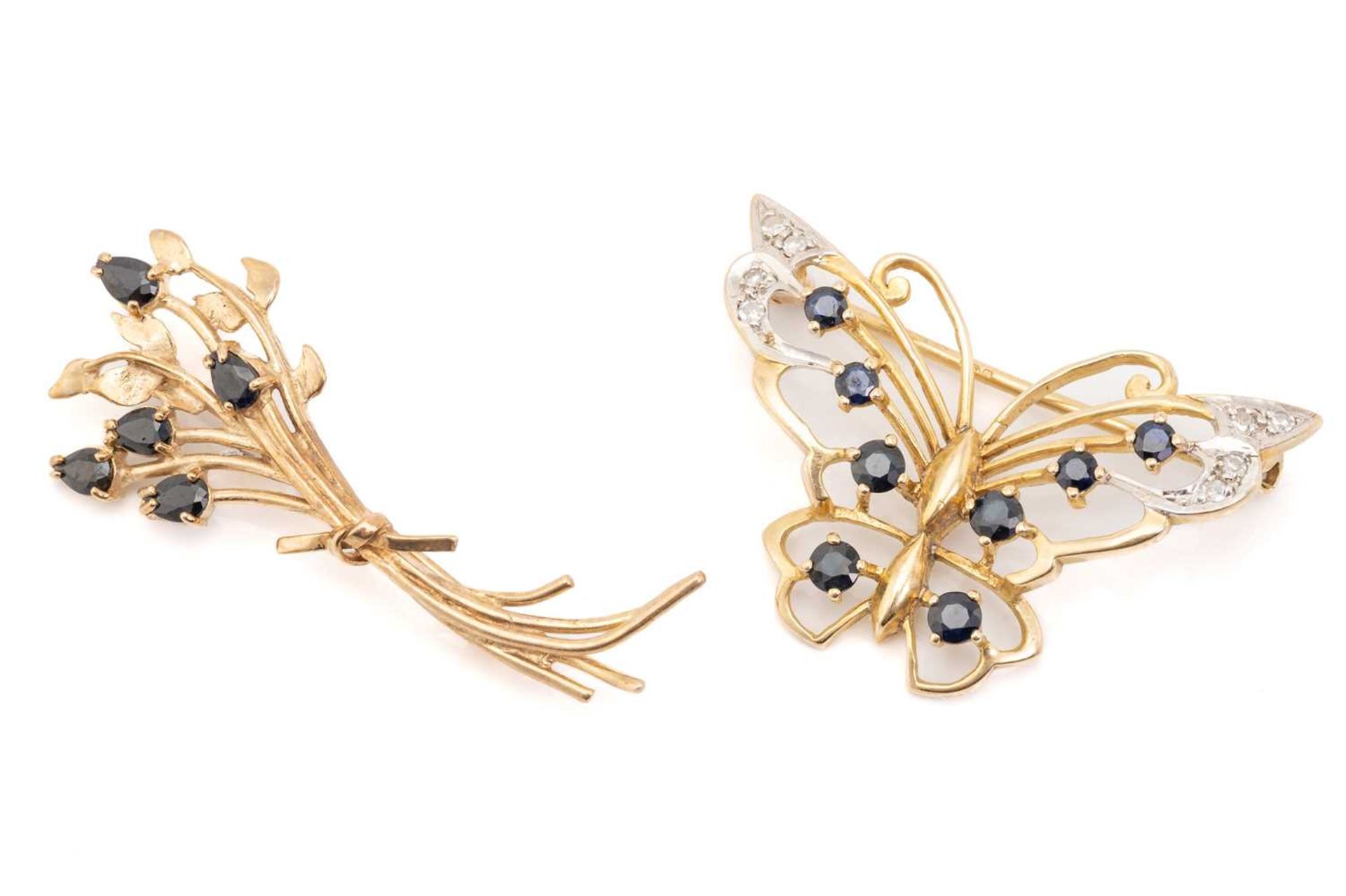 Two 9ct gold brooches comprising a sapphire and diamond set butterfly brooch, 3.5cm wide and another - Image 2 of 3