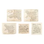 A collection of five early unframed monochrome engraved maps, comprising 'Britannia Saxonica' by