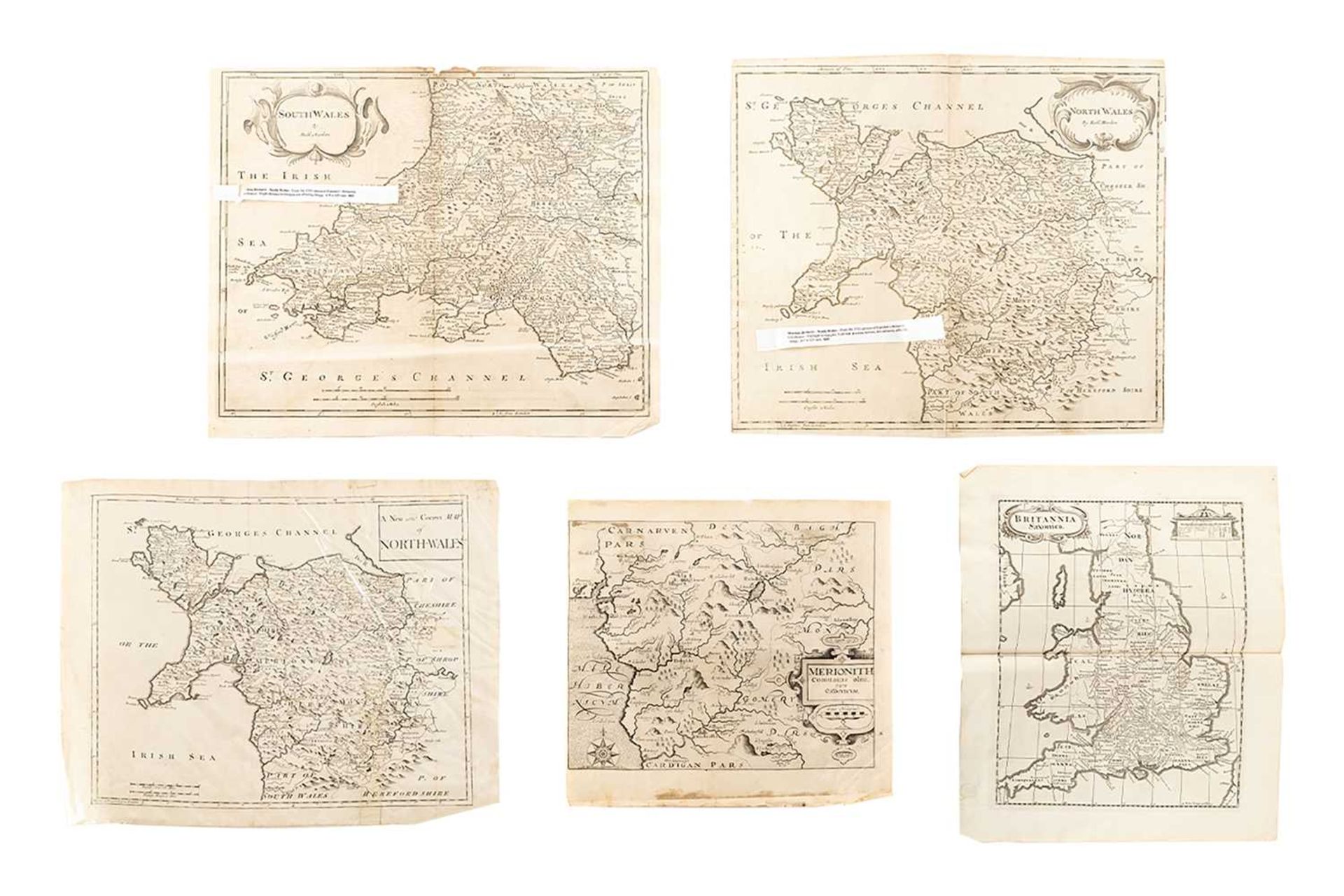 A collection of five early unframed monochrome engraved maps, comprising 'Britannia Saxonica' by