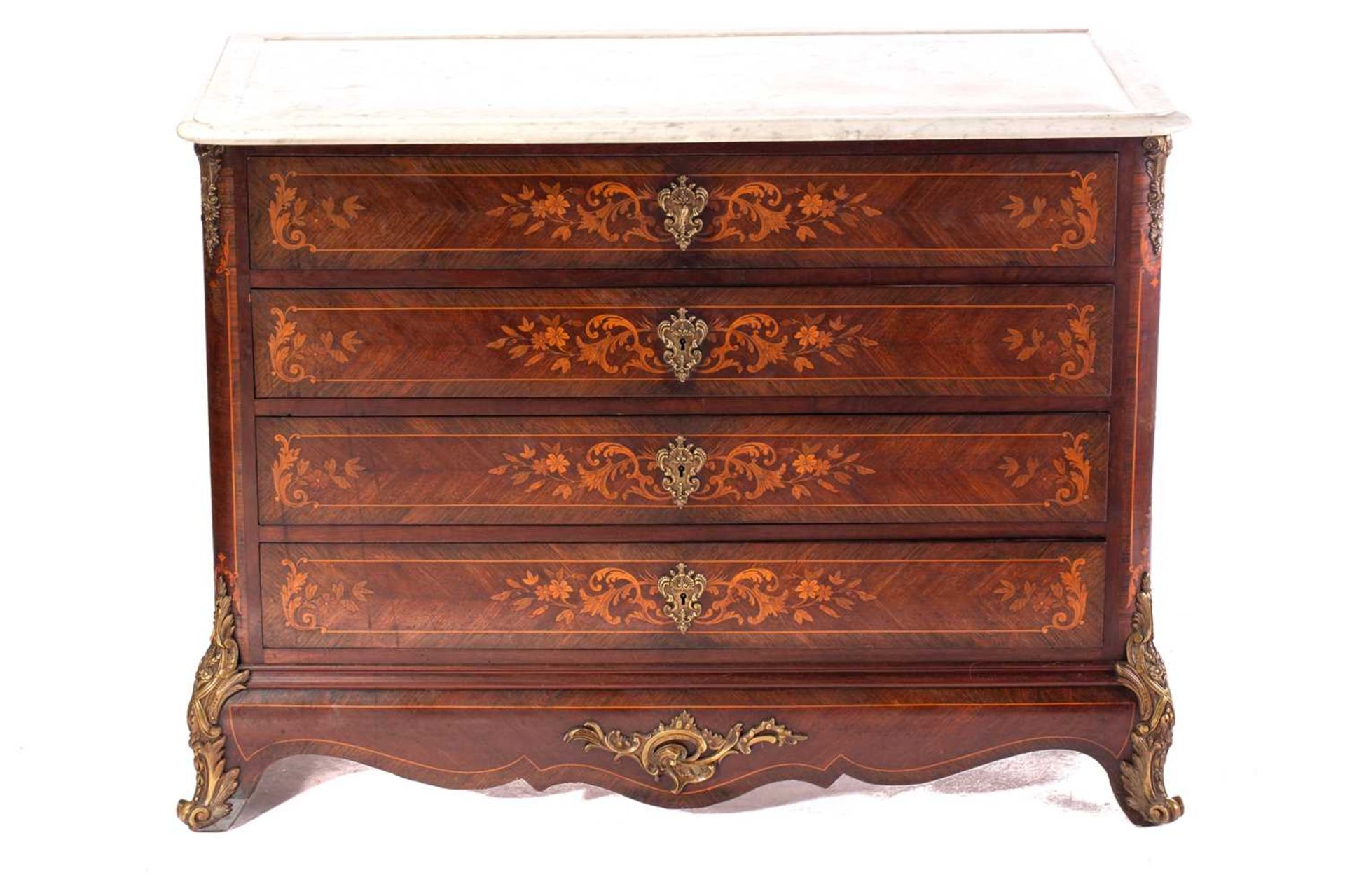 A French Napoleon III marble topped rosewood dressing commode with marquetry decoration, fitted four