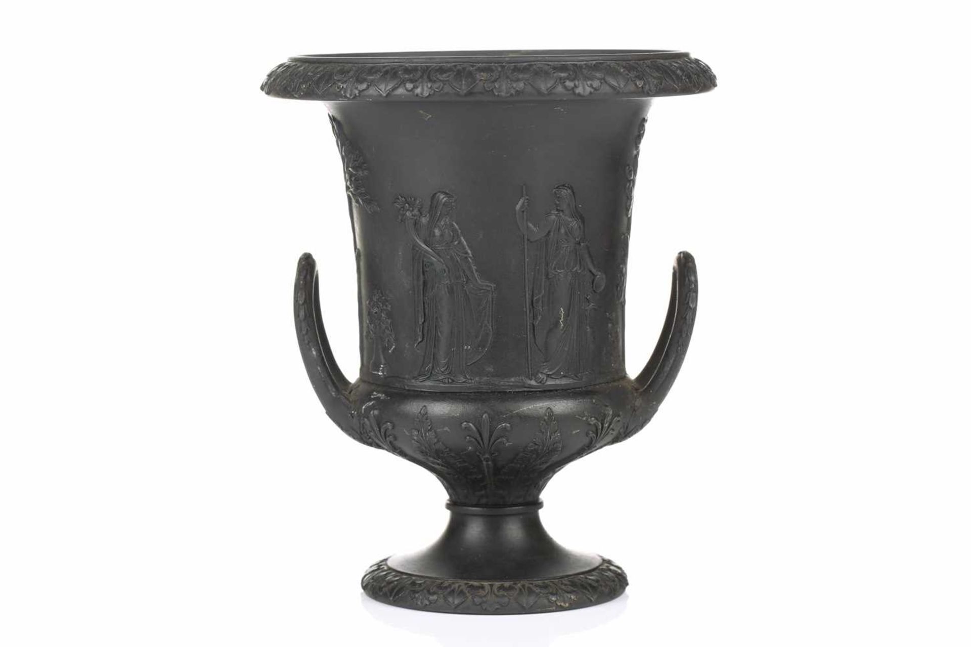 A 19th century Wedgwood black basalt urn of Campagna form, relief decorated with neo-classical - Image 8 of 11