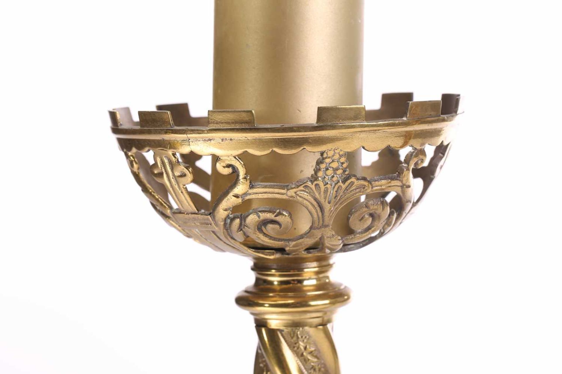A pair of 19th-century "Ecclesiastic- Gothic" gilt brass table lamps with pierced cup drip pans - Image 3 of 6