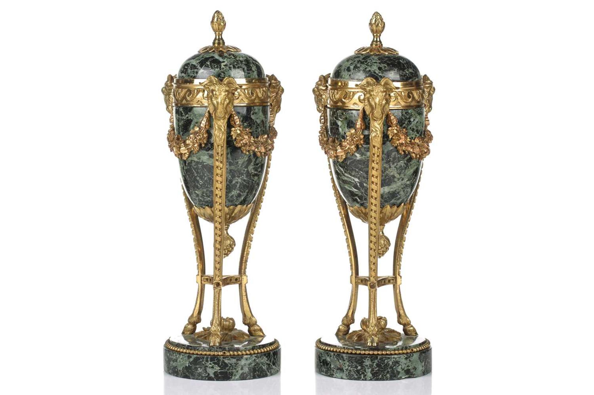 A fine pair of Louis XVI style ormolu and variegated green marble cassolettes of classical urn form, - Image 3 of 14