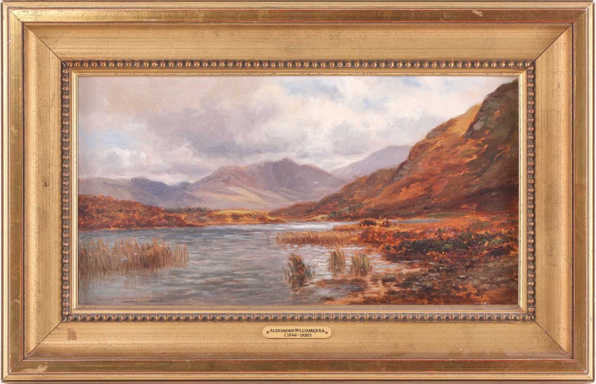 Alexander Williams RHA (1846-1930) Irish, lake and mountain landscape, oil on board, signed to lower