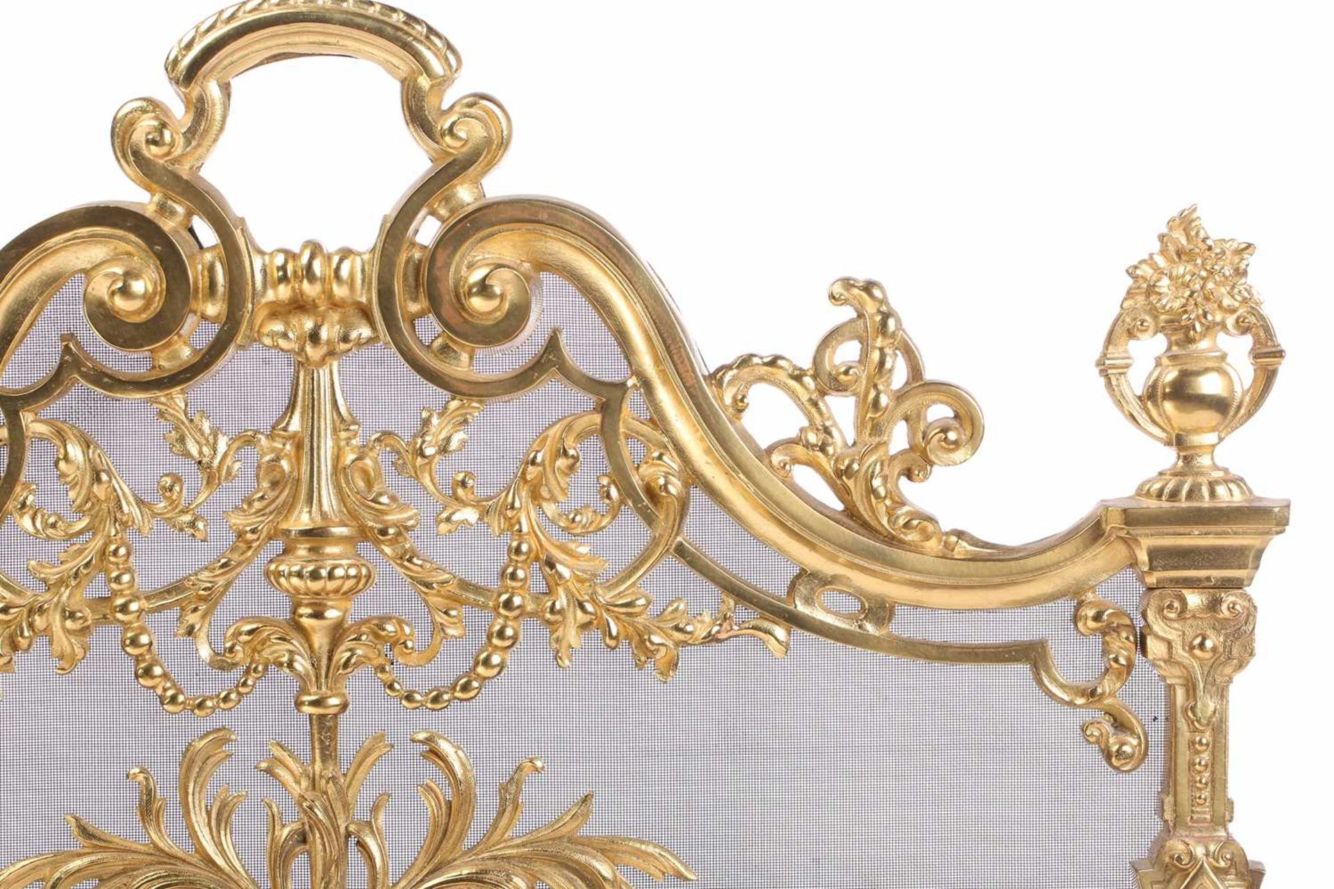 A Louis XVI-style heavy ormolu spark guard, late 20th century, with a shaped arch top above a pieced - Image 5 of 10