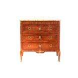 An French Louis XVI style marble topped three drawer rosewood commode, early 20th century with