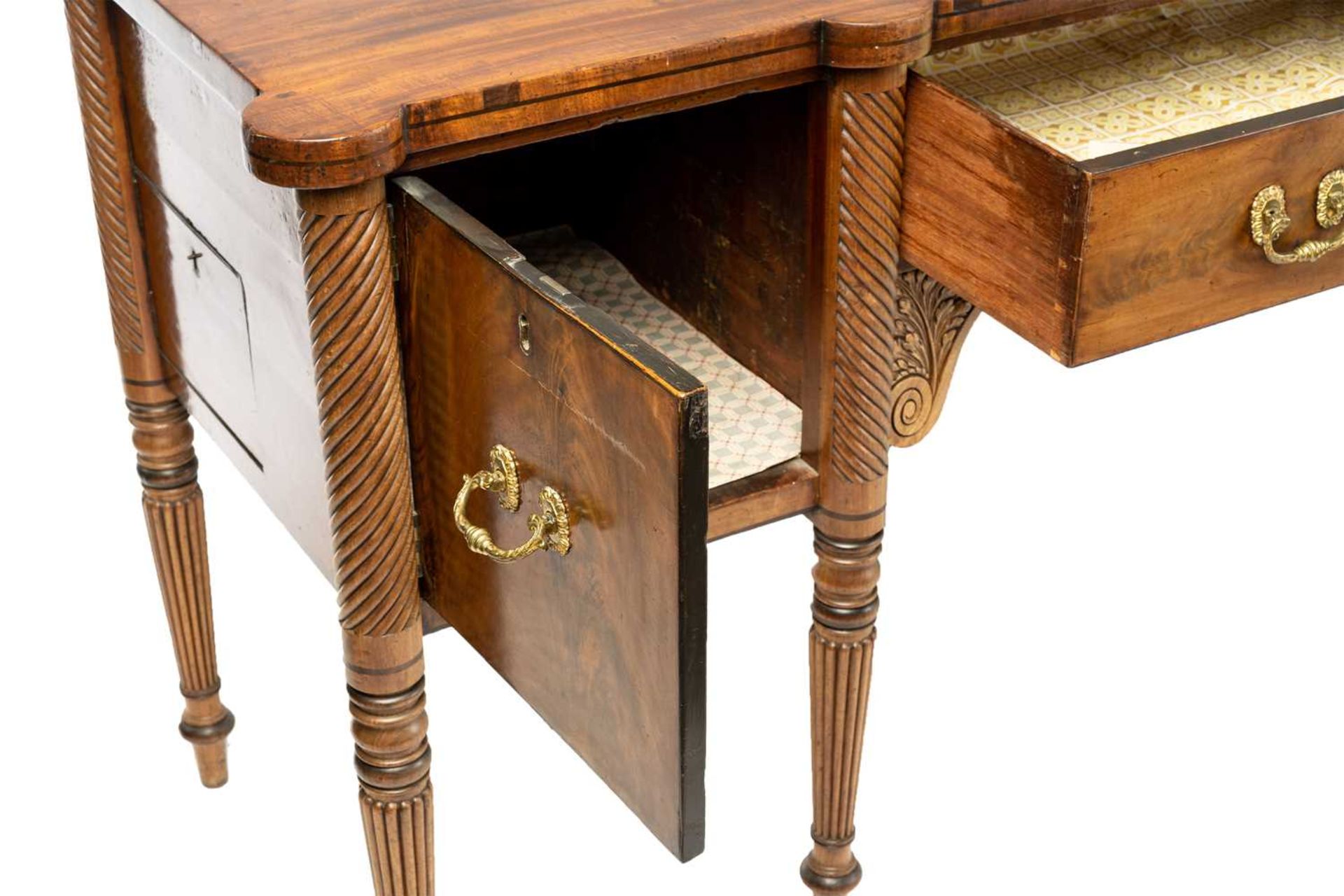 A Regency mahogany sideboard, the rectangular top with rounded corners and ebony strung edge over - Image 11 of 17