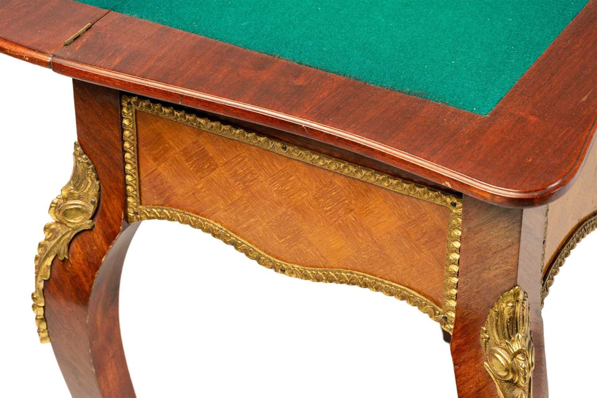 A Louis XV style mahogany and cube parquetry fold over serpentine gaming table, 20th century, the - Image 9 of 9