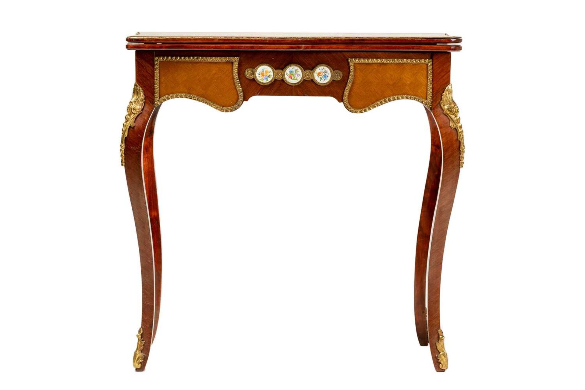 A Louis XV style mahogany and cube parquetry fold over serpentine gaming table, 20th century, the - Image 3 of 9