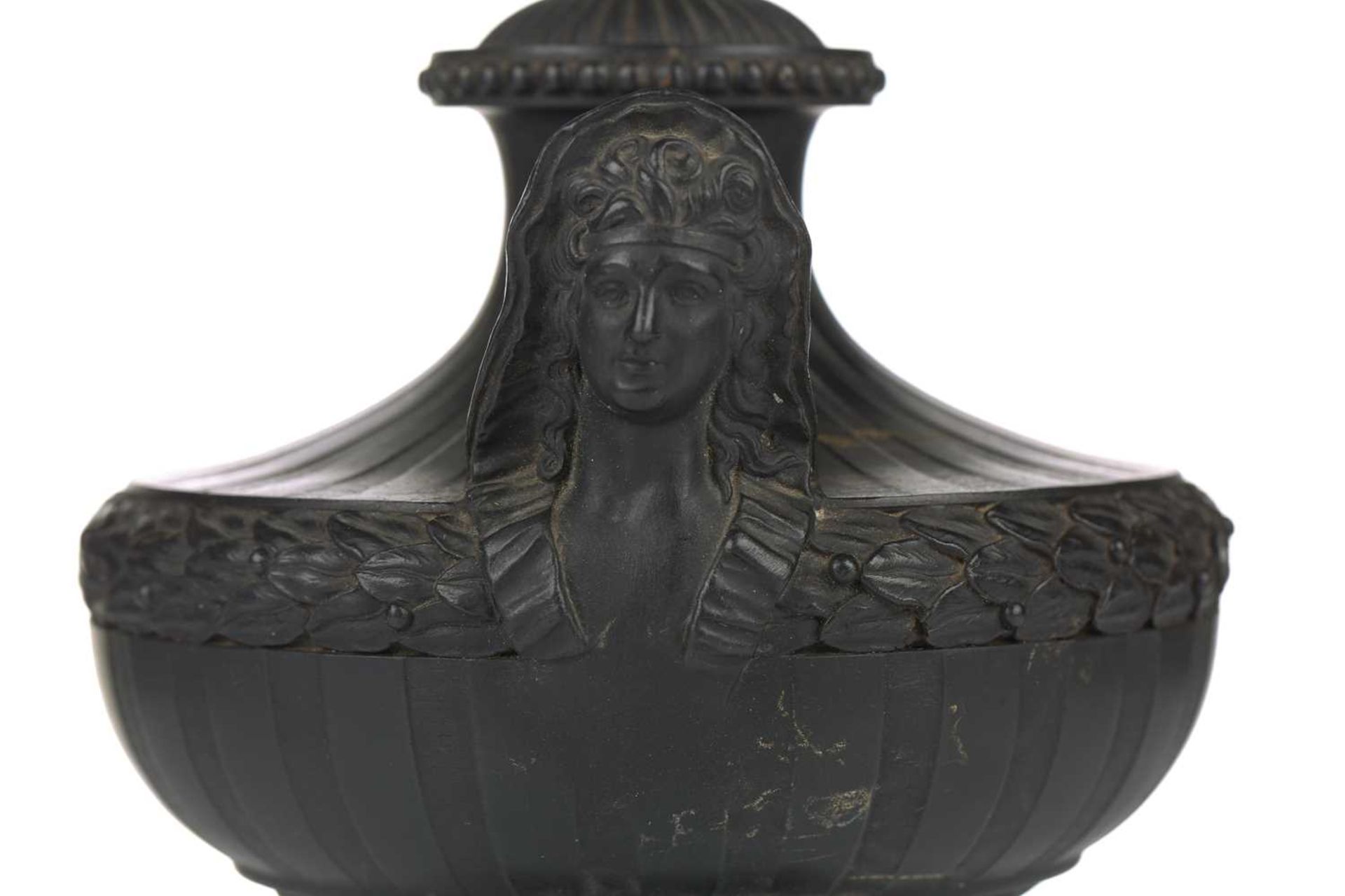 Wedgwood & Bentley, Etruria: a late 18th century black basalt urn and cover, of Classical form - Image 8 of 15