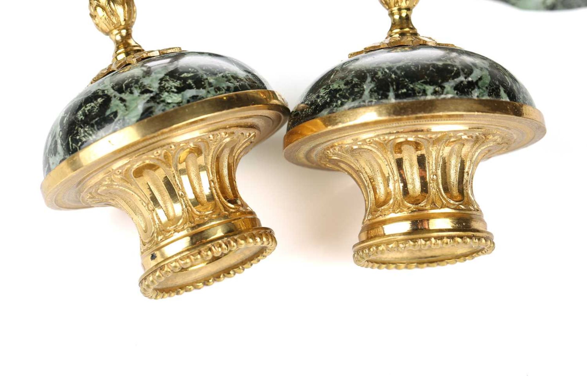 A fine pair of Louis XVI style ormolu and variegated green marble cassolettes of classical urn form, - Image 7 of 14
