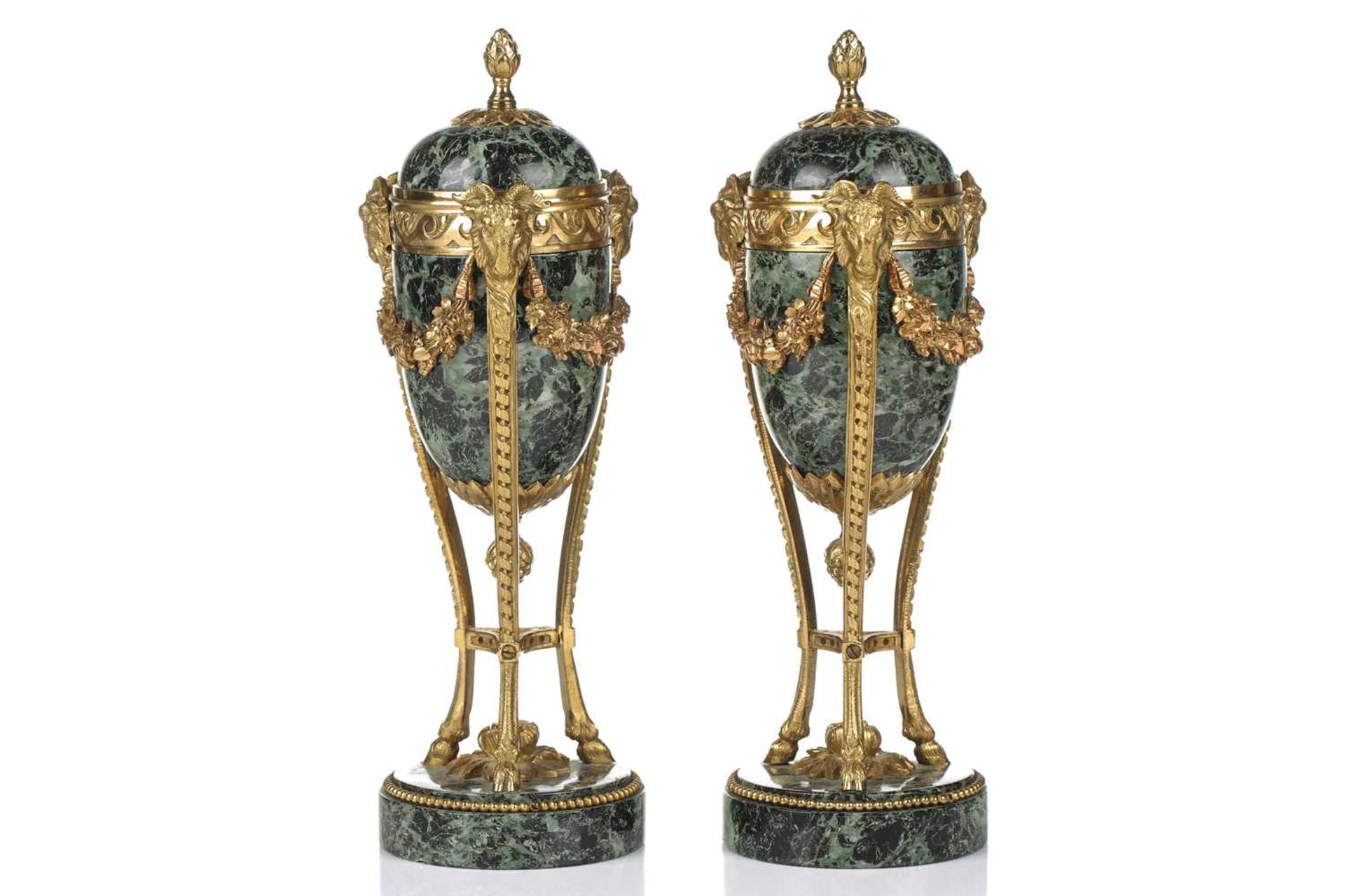 A fine pair of Louis XVI style ormolu and variegated green marble cassolettes of classical urn form, - Image 2 of 14