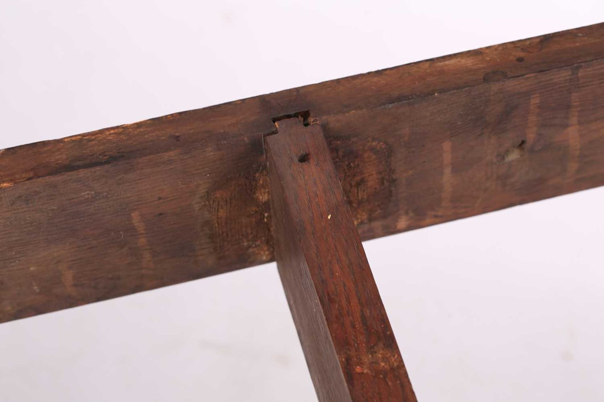 A French rustic oak farmhouse table, 19th century, with cleated scrubbed plank top, supported by - Image 7 of 8