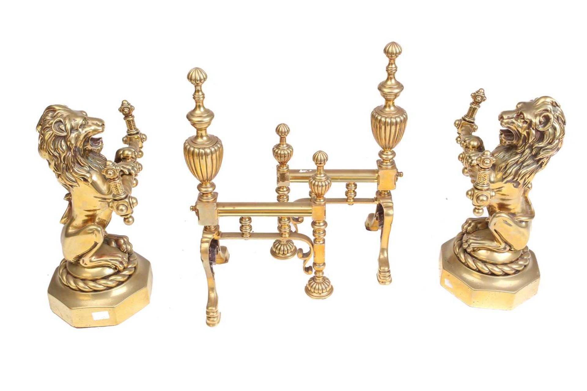 A pair of Victorian cast and gilt brass heraldic sejant erect lion firedogs, each holding a - Bild 5 aus 7