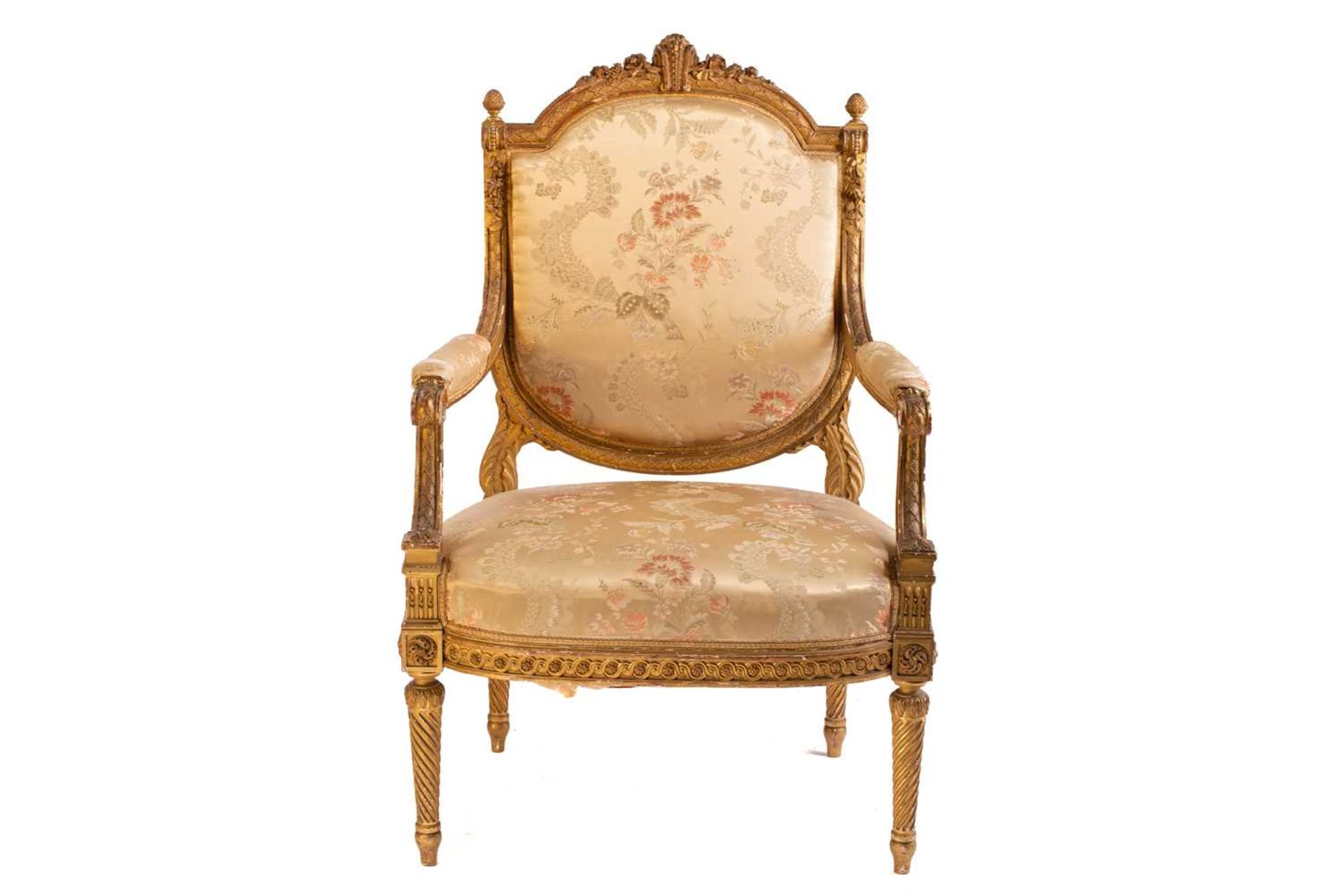 In the manner of George Jacob; a Louis XVI style finely carved wood and gilt gesso fauteuil, late - Image 2 of 35