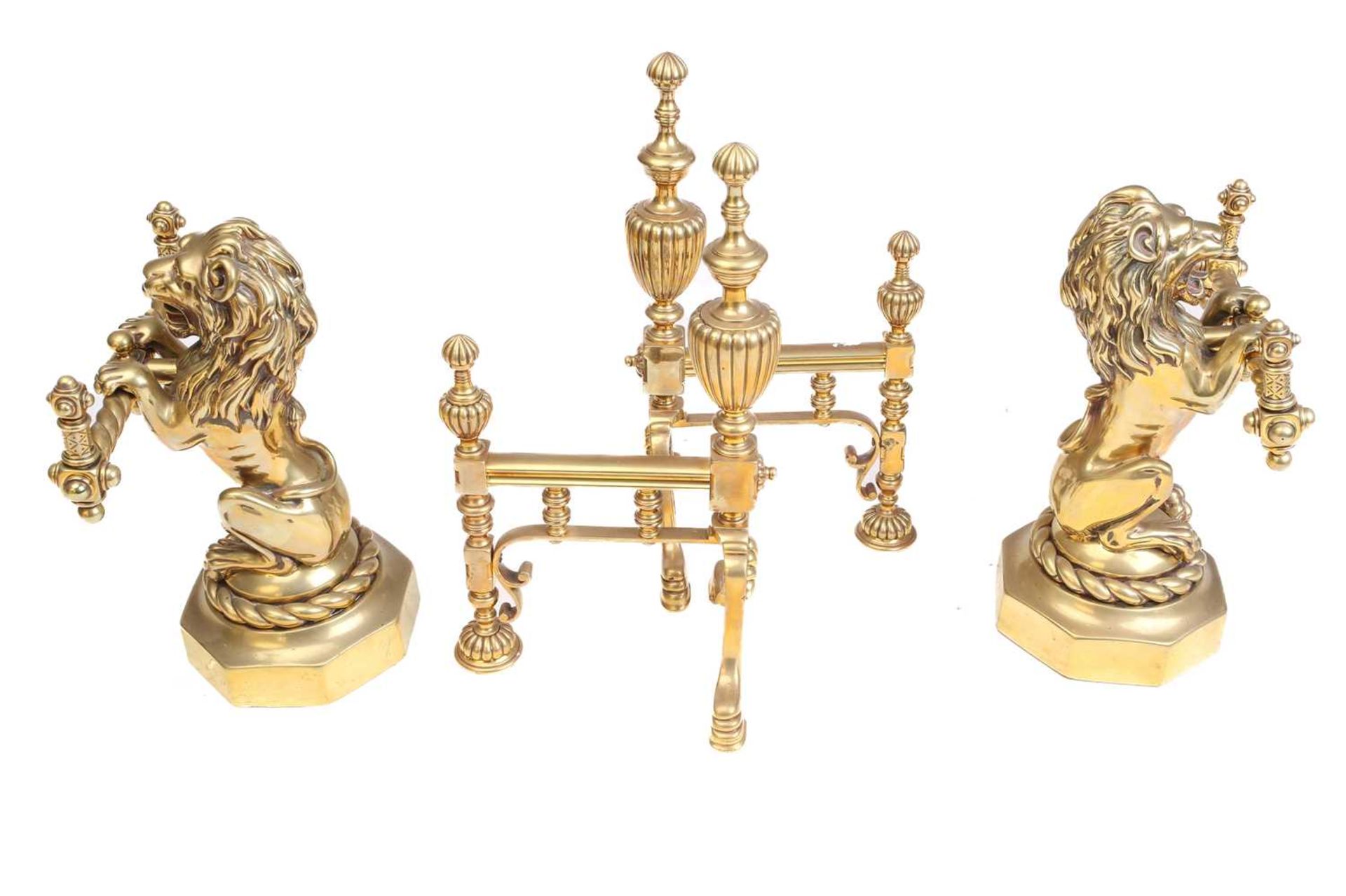 A pair of Victorian cast and gilt brass heraldic sejant erect lion firedogs, each holding a - Image 4 of 7