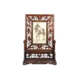 A Chinese Hongmu table screen, late Qing, the simulated bamboo frame and stand carved with