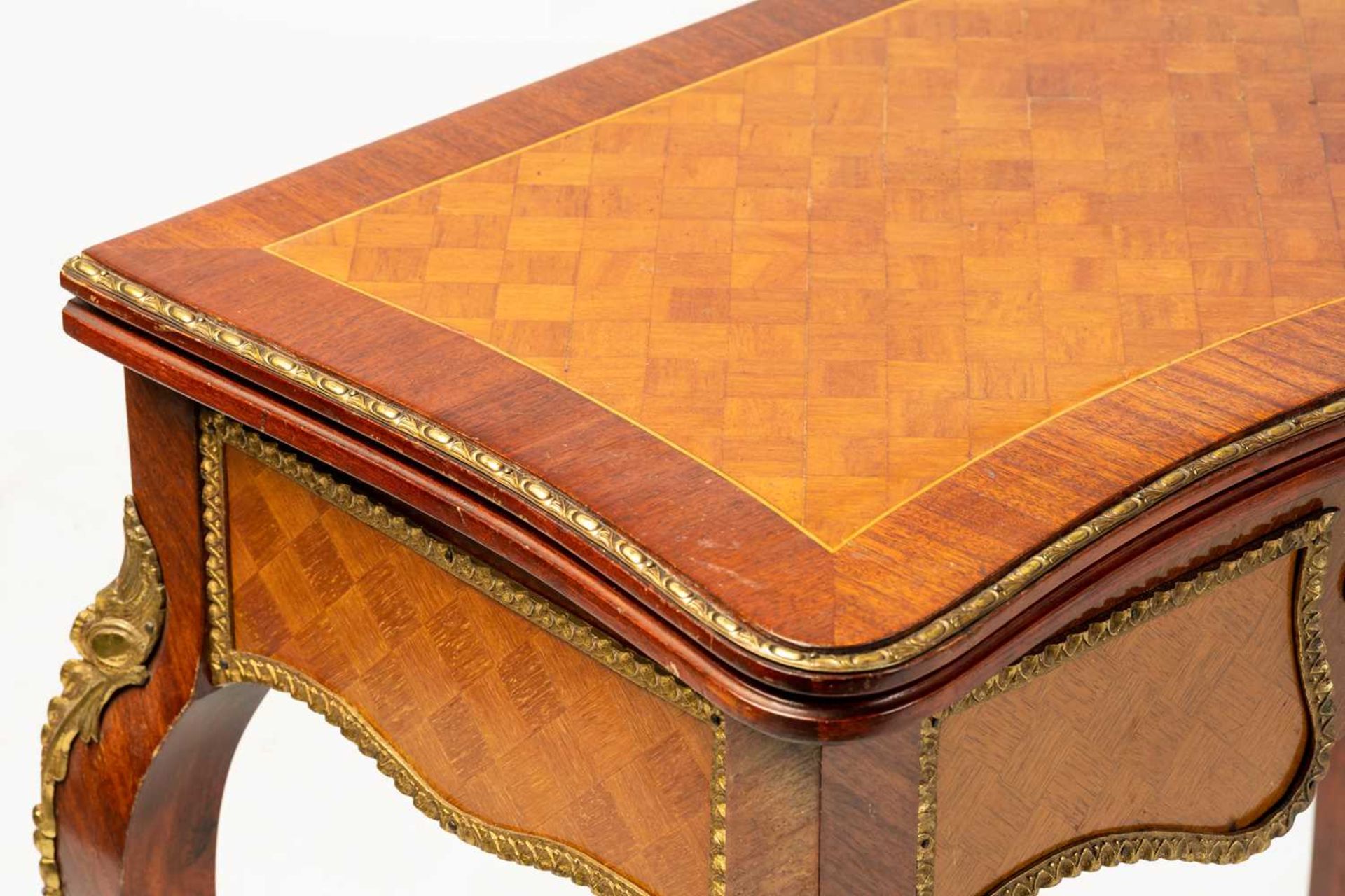 A Louis XV style mahogany and cube parquetry fold over serpentine gaming table, 20th century, the - Image 7 of 9