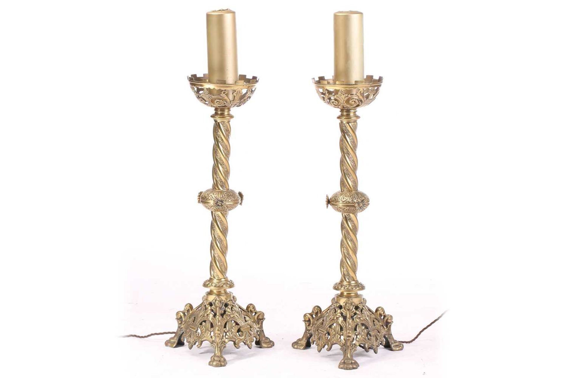 A pair of 19th-century "Ecclesiastic- Gothic" gilt brass table lamps with pierced cup drip pans - Image 2 of 6