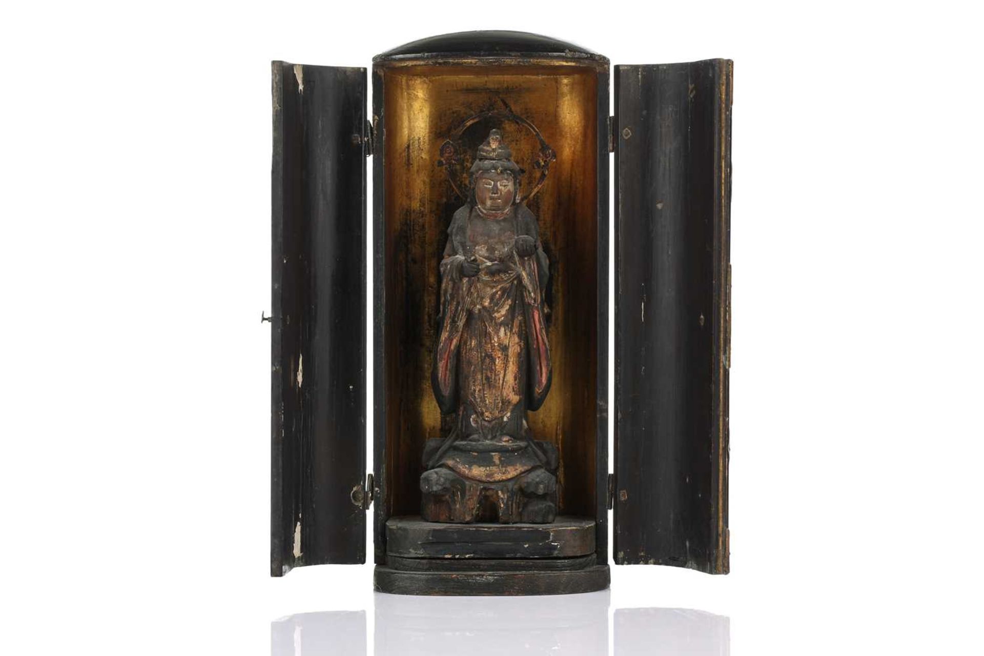 A Japanese portable shrine, Zushi, Edo period, the interior with a carved and parcel gilt standing - Image 3 of 11
