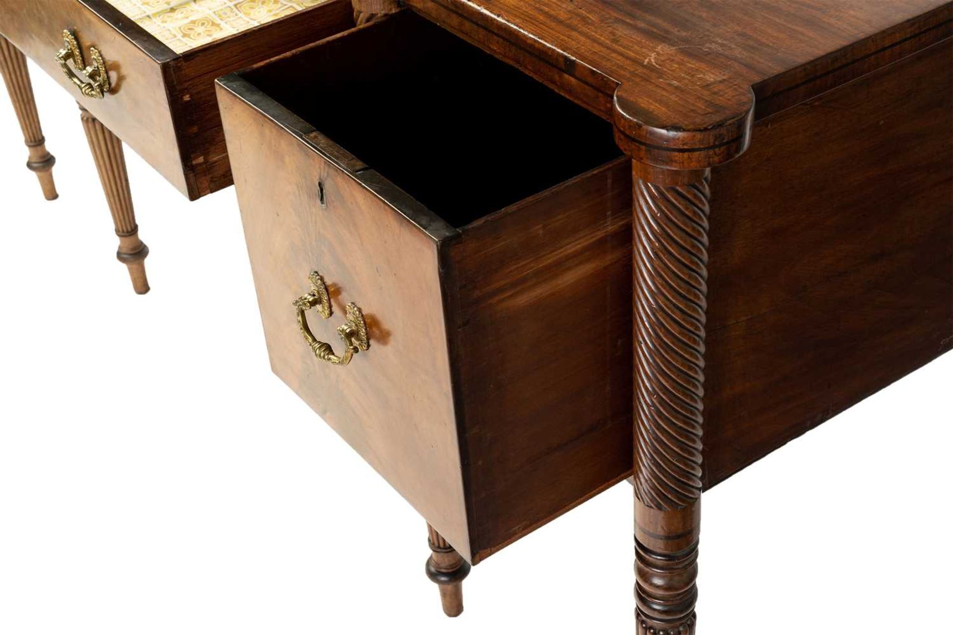 A Regency mahogany sideboard, the rectangular top with rounded corners and ebony strung edge over - Image 9 of 17