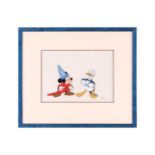 An original Disney animation production cel, featuring 'Mickey as Sorcerer' and Donald Duck, from