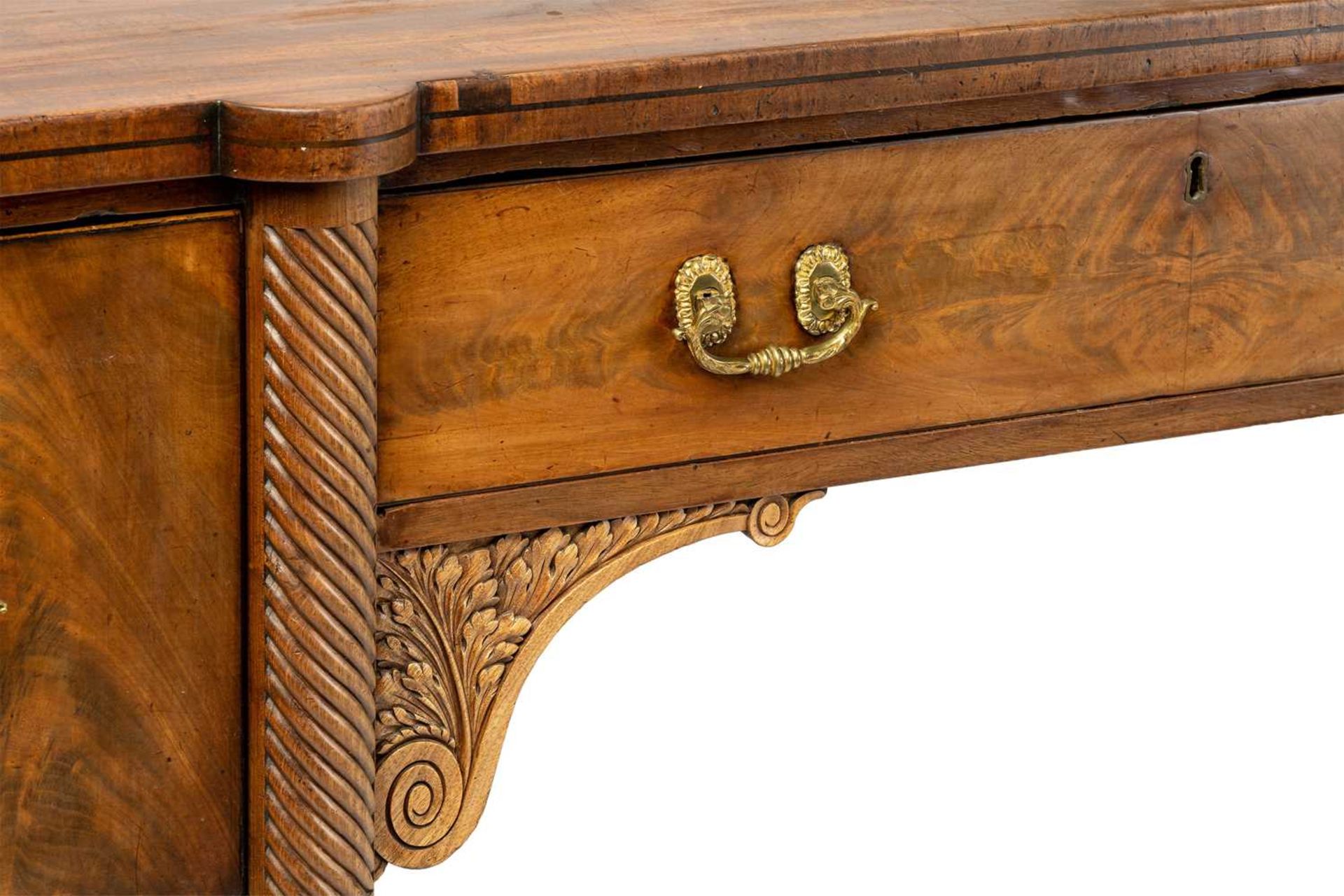 A Regency mahogany sideboard, the rectangular top with rounded corners and ebony strung edge over - Image 4 of 17