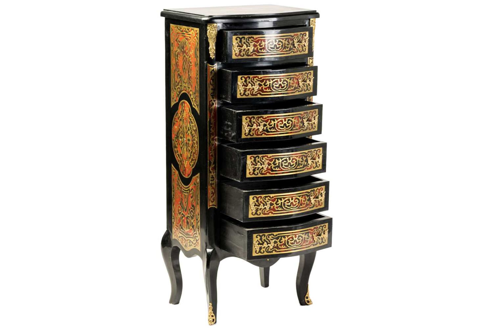 A Napoleon III style ebonised and faux shell Boule pedestal chest of six drawers with cast and - Image 2 of 7