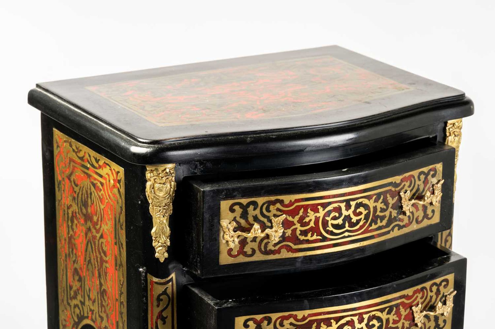 A Napoleon III style ebonised and faux shell Boule pedestal chest of six drawers with cast and - Image 6 of 7