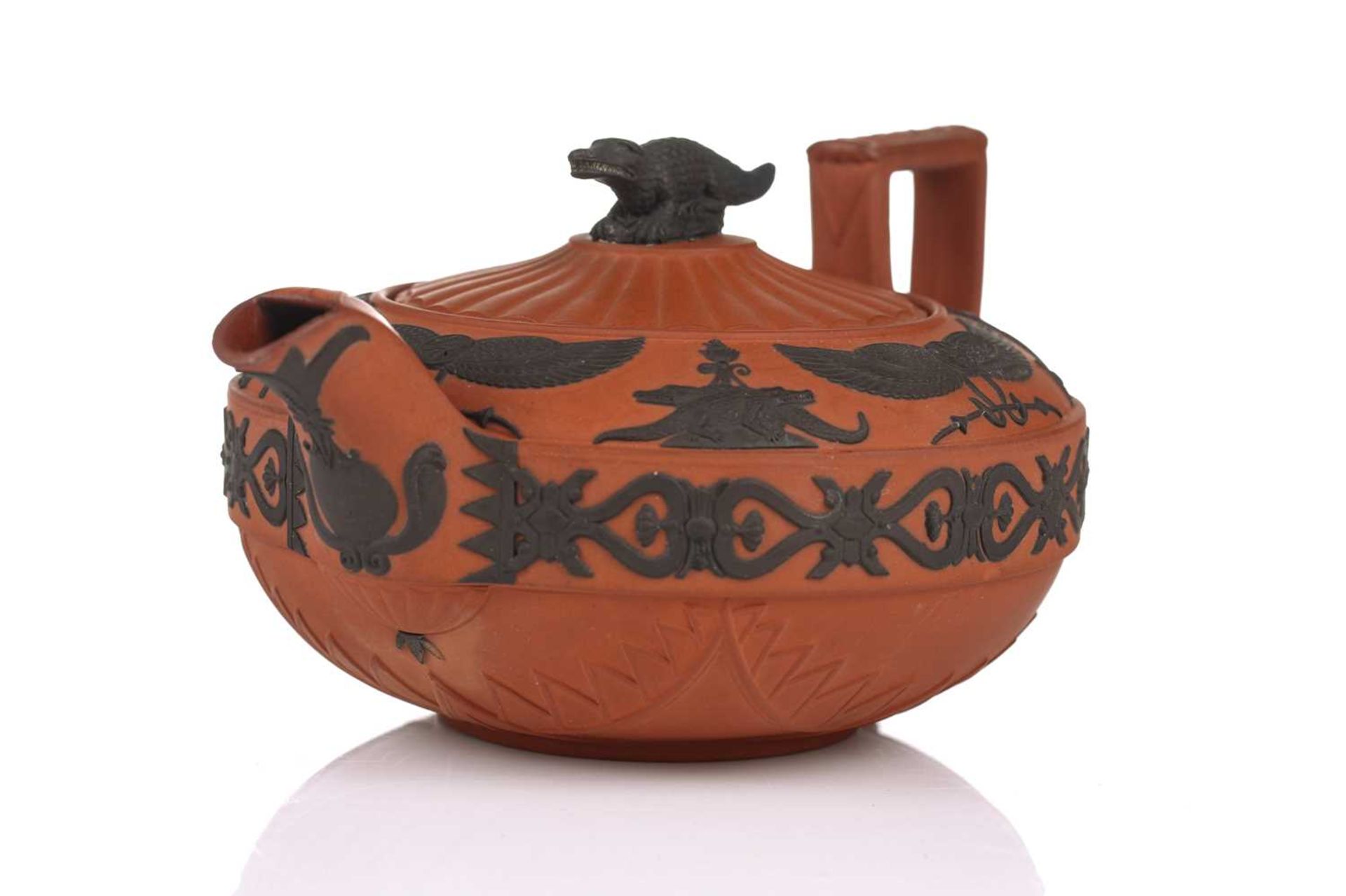 A Wedgwood rosso antico teapot and cover, early 19th century, with applied Egyptian decoration, - Bild 5 aus 21