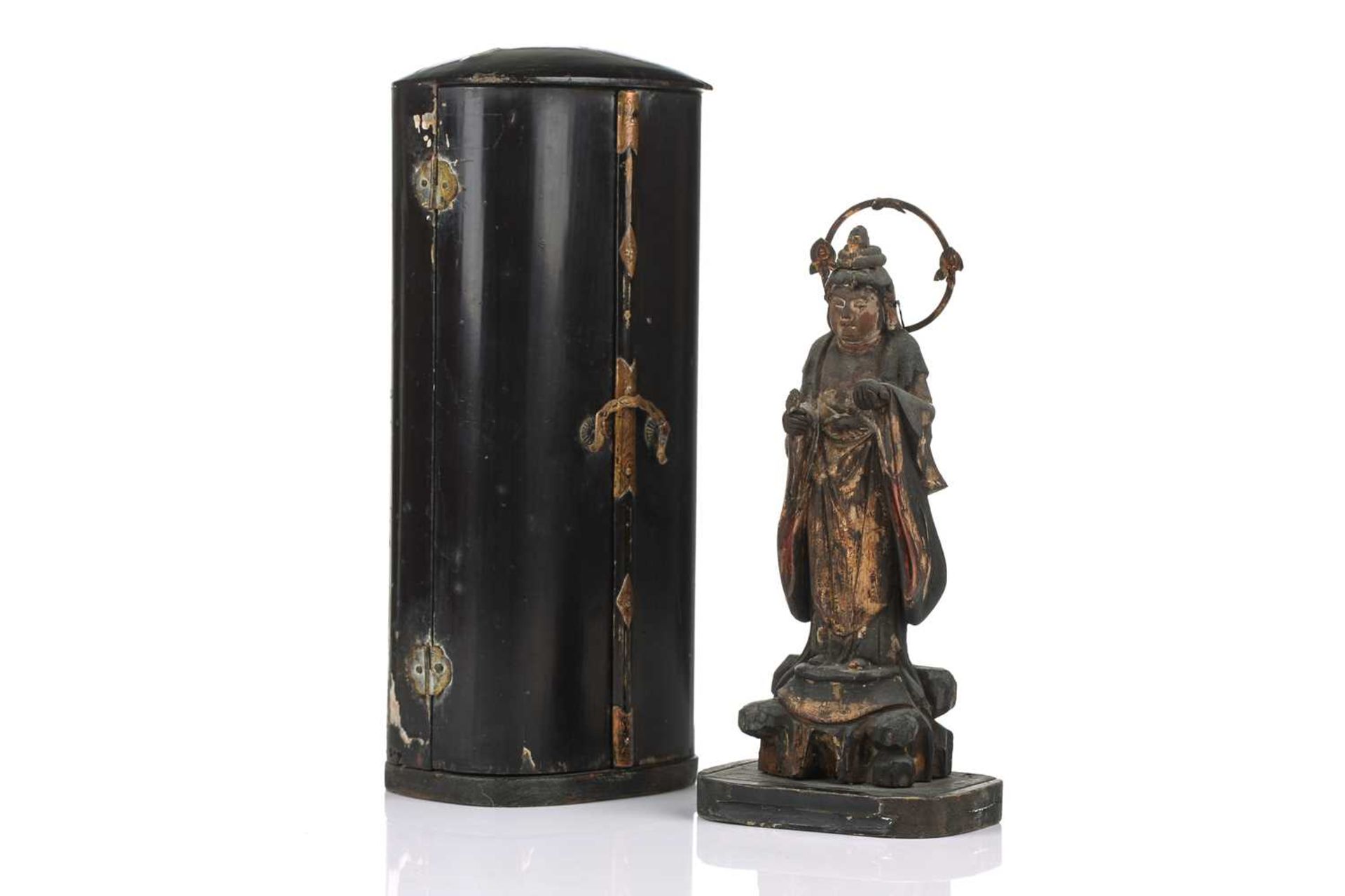 A Japanese portable shrine, Zushi, Edo period, the interior with a carved and parcel gilt standing