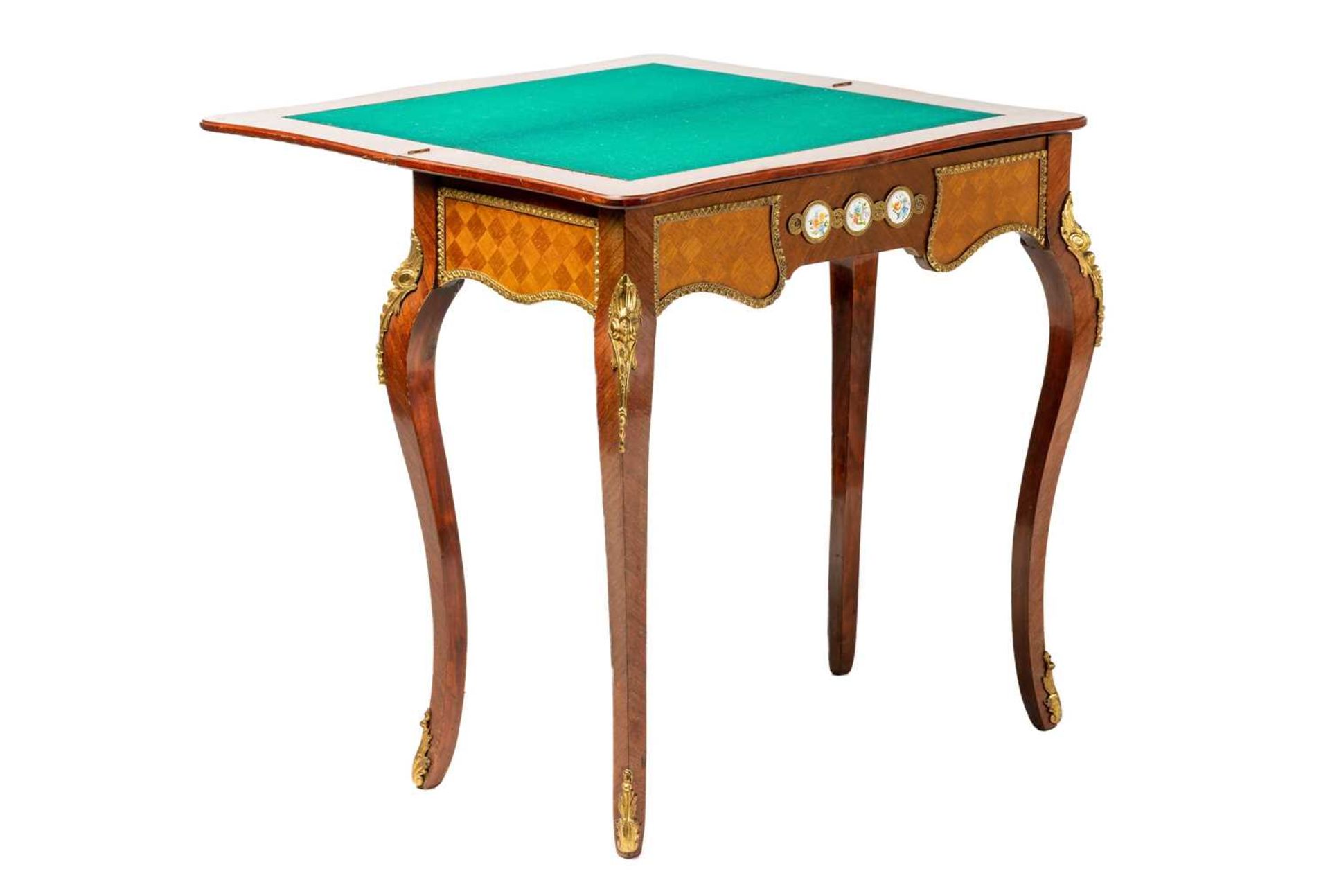 A Louis XV style mahogany and cube parquetry fold over serpentine gaming table, 20th century, the - Image 2 of 9