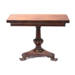 An early Victorian figured rosewood rectangular fold-over tea table with cross grain frieze and