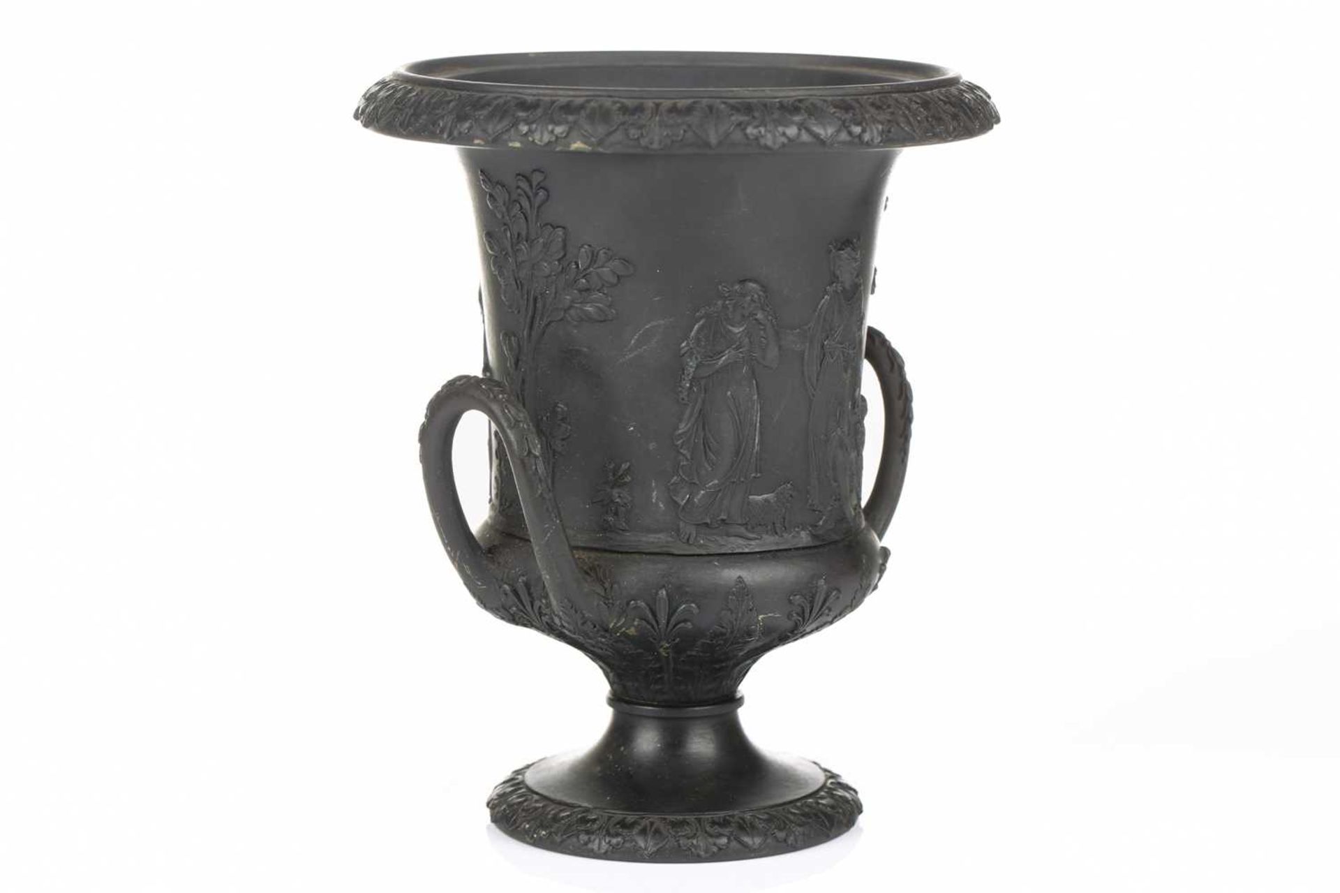 A 19th century Wedgwood black basalt urn of Campagna form, relief decorated with neo-classical - Image 3 of 11