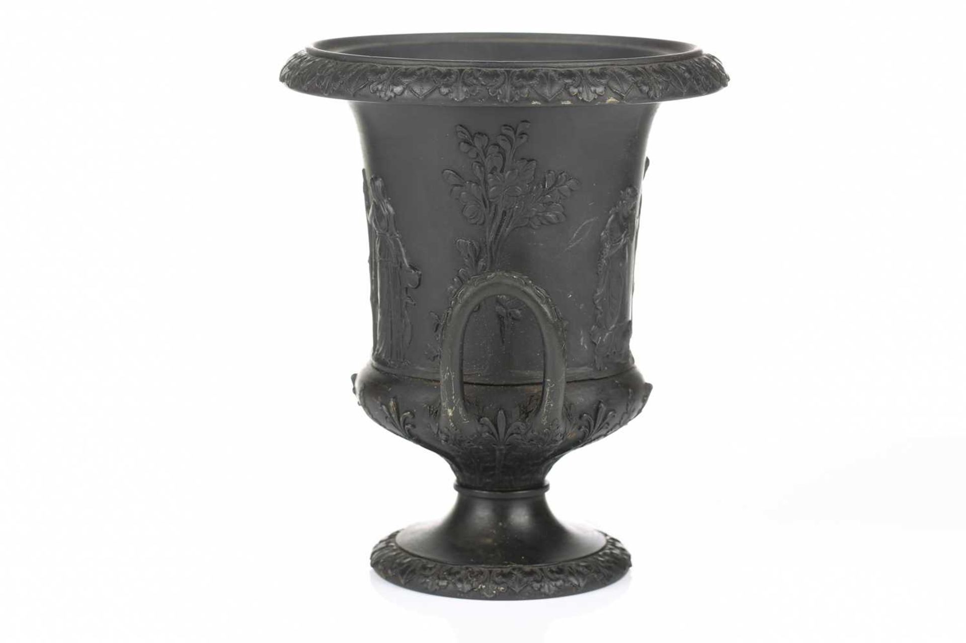A 19th century Wedgwood black basalt urn of Campagna form, relief decorated with neo-classical - Image 6 of 11