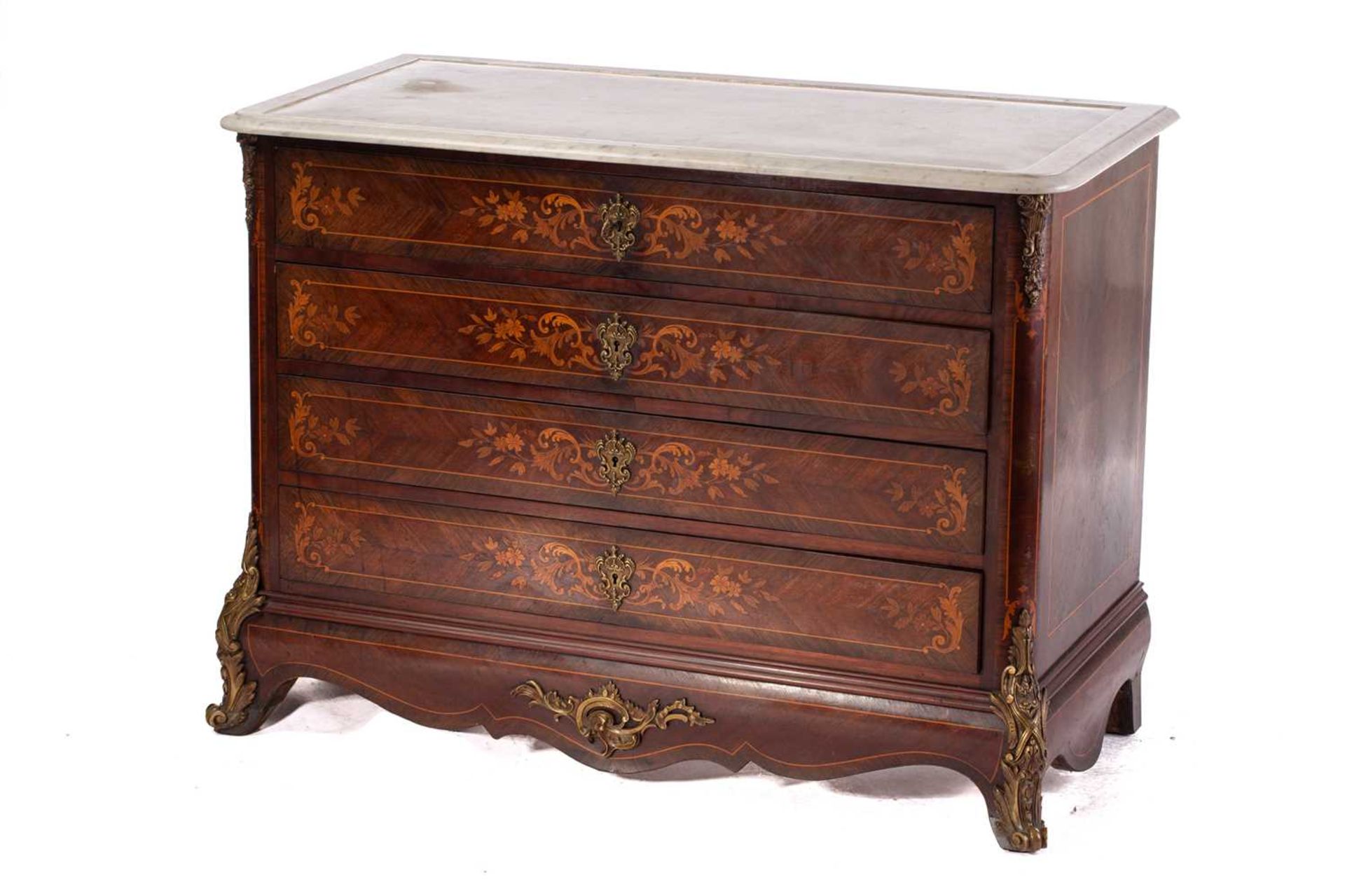 A French Napoleon III marble topped rosewood dressing commode with marquetry decoration, fitted four - Image 5 of 11