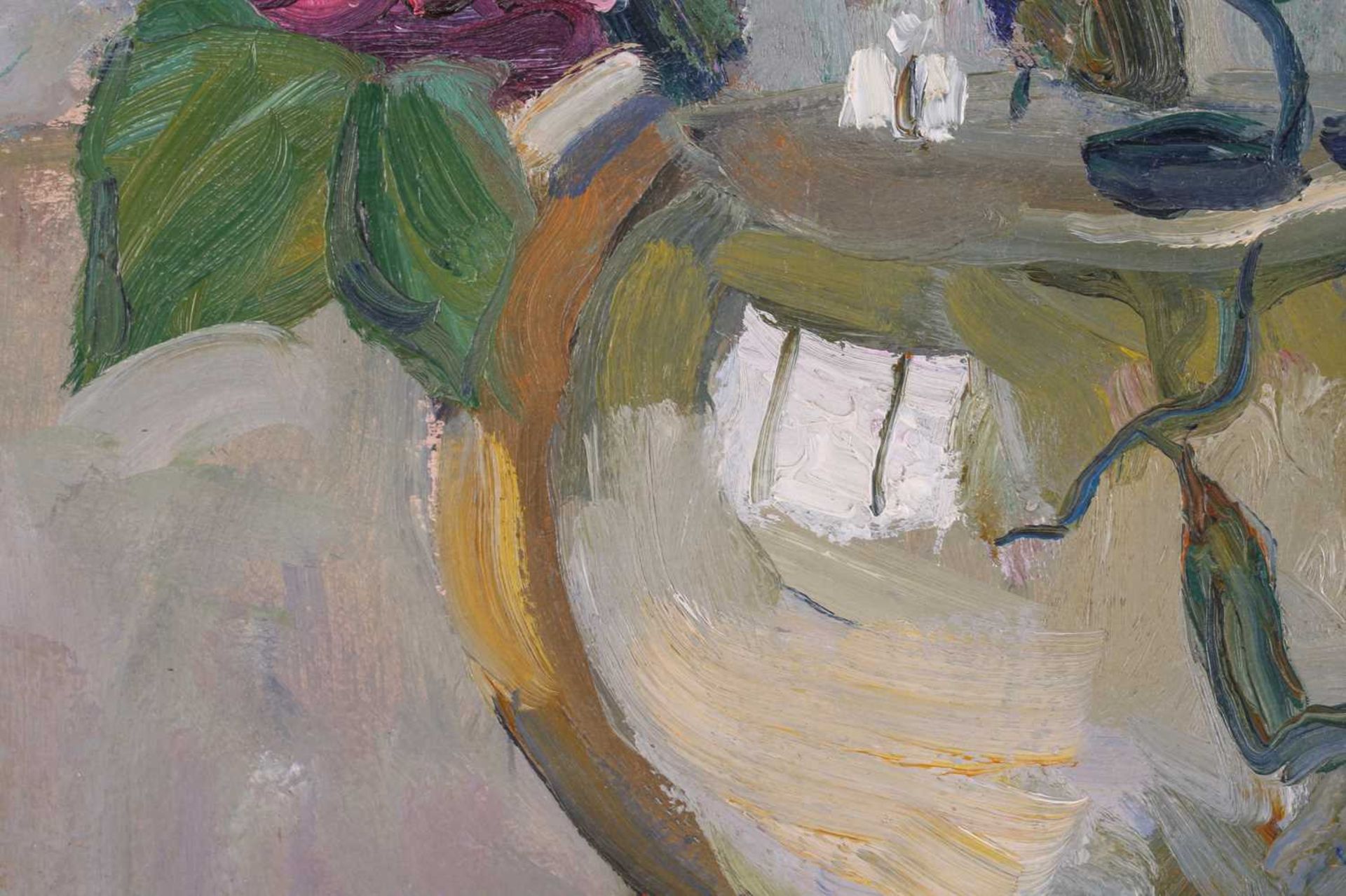 20th-century Russian school, still life study of pink roses in a vase, oil on canvas, 45.5 cm x 47 - Image 5 of 10