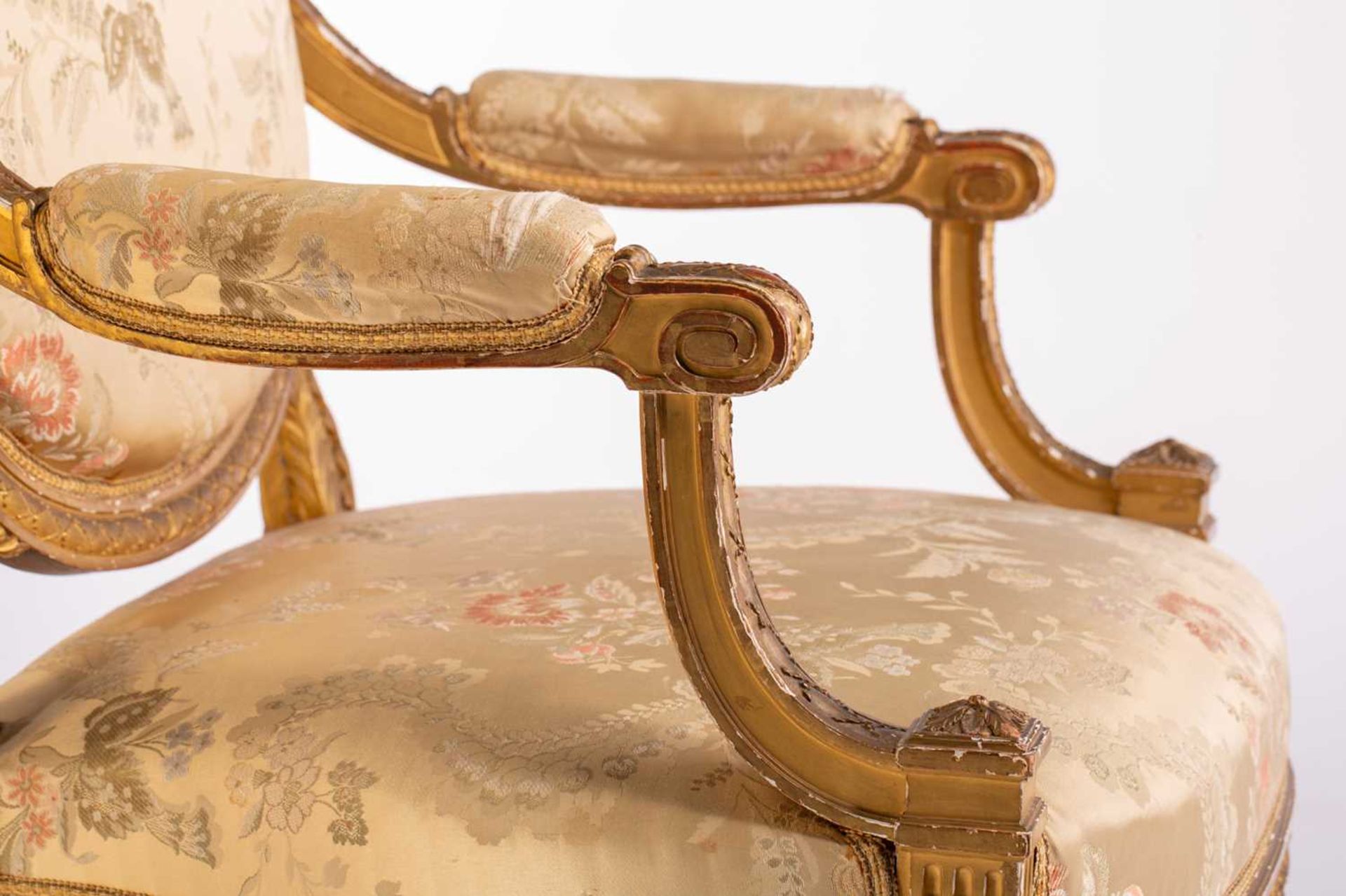 In the manner of George Jacob; a Louis XVI style finely carved wood and gilt gesso fauteuil, late - Image 10 of 35