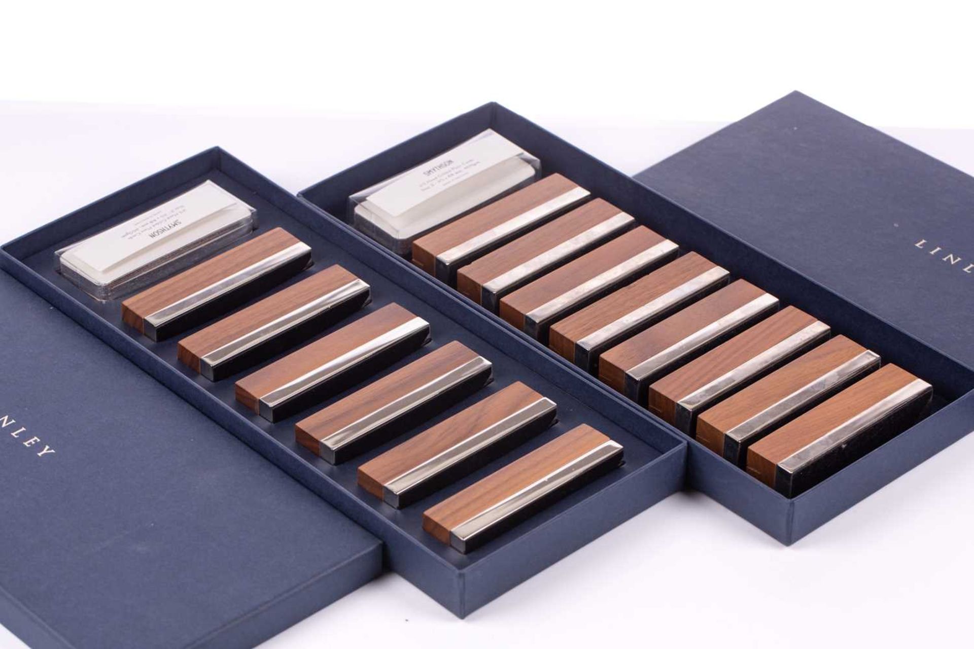 David Linley: two boxed sets of eight English walnut and silver plated rectangular name place stands - Image 2 of 9