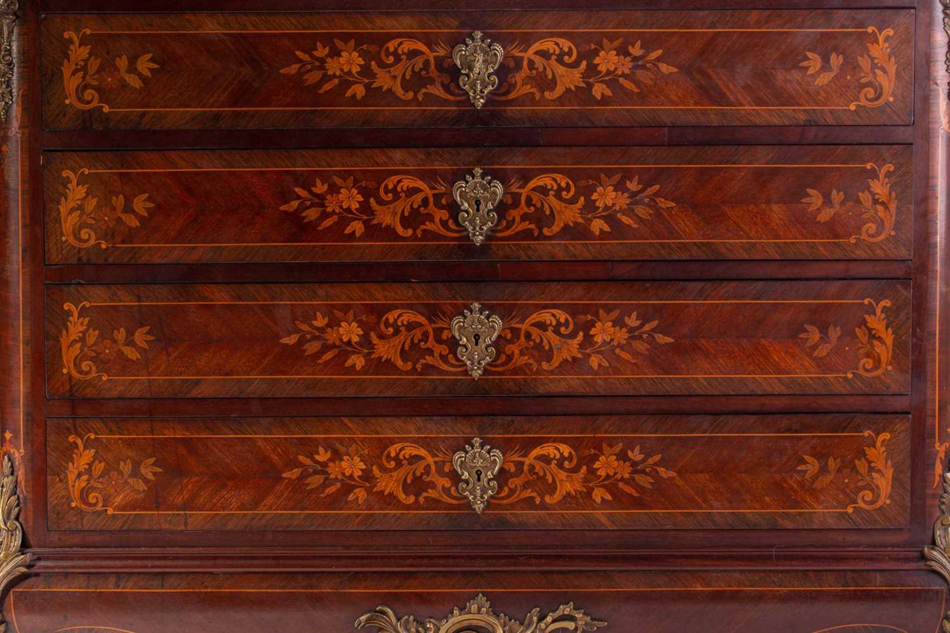 A French Napoleon III marble topped rosewood dressing commode with marquetry decoration, fitted four - Image 4 of 11
