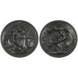 A pair of large late 19th century Wedgwood black basalt circular plaques, depicting neo-classical